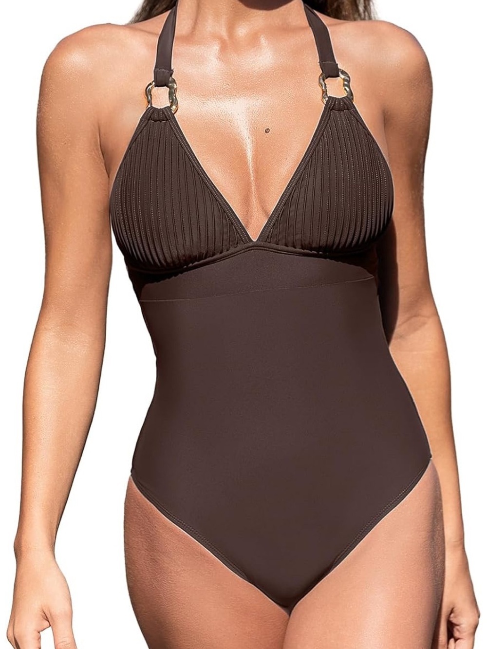 One Piece Swimsuit Halter V Neck Bathing Suit Ribbed Open Back Ring Detail M